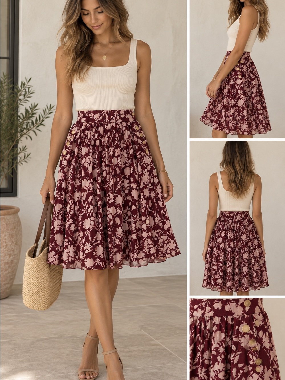 Women's Floral Pleated Midi Skirt - Burgundy and Cream